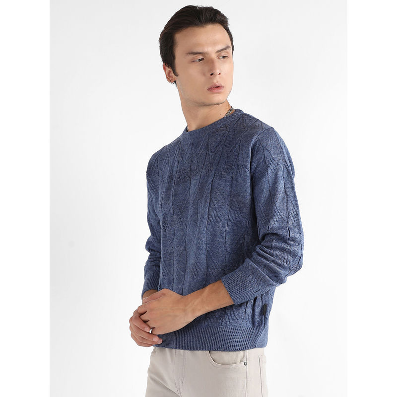 Campus Sutra Men Blue Textured Knit Pullover Sweater (XL)