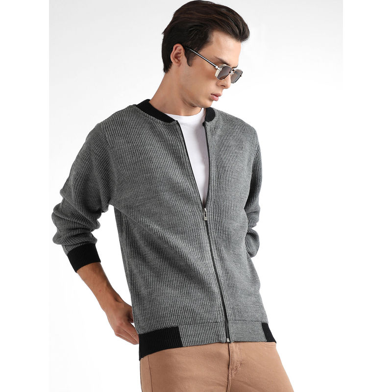 Campus Sutra Men Dark Grey Zip-Front Sweater with Contrast Hem (S)