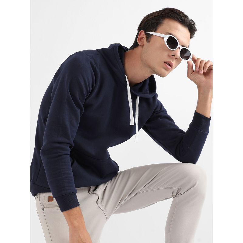 Campus Sutra Men Navy Blue Pullover Hoodie with Contrast Drawstring (S)