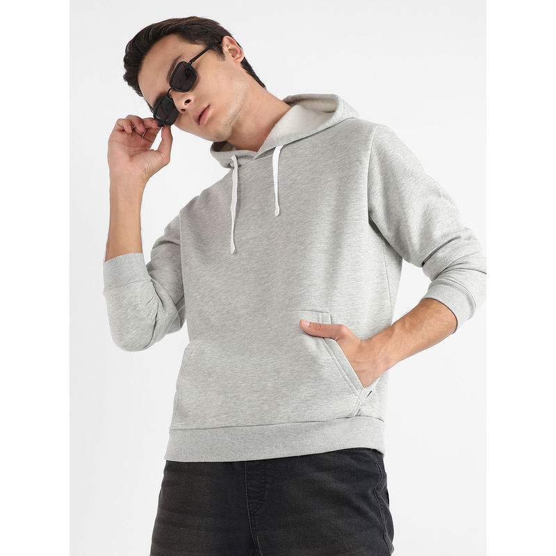 Campus Sutra Men Light Grey Pullover Hoodie with Contrast Drawstring (L)