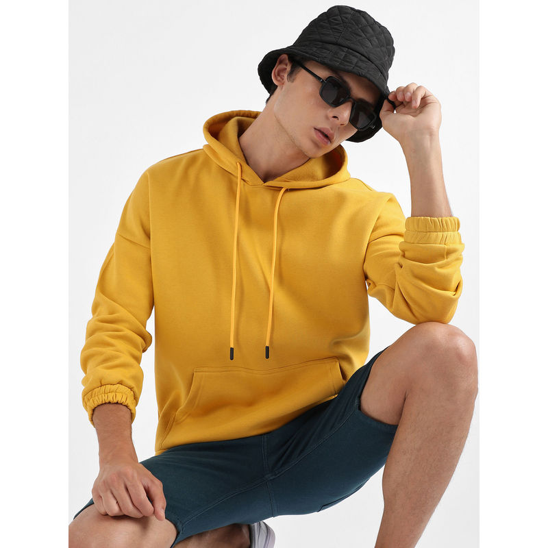 Campus Sutra Men Mustard Yellow Oversized Pullover Sweatshirt with Kangaroo Pocket (XL)