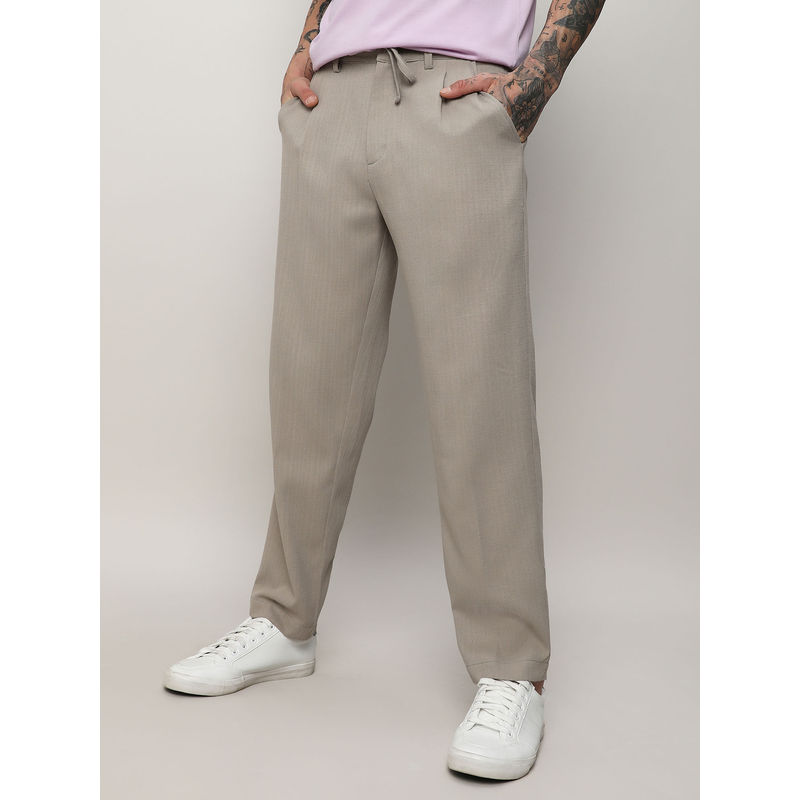 Campus Sutra Men's Oatmeal Beige Solid Tailored Trousers (32)