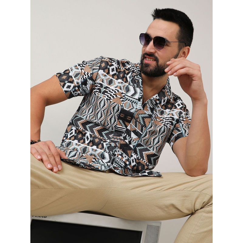CAHOOT Mens Mocha Brown & Sage Green Bohemian Shirt (S)