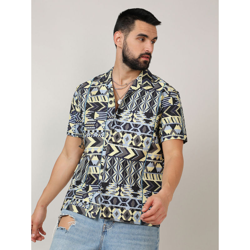Campus Sutra Mens Sky Blue & Lemon Yellow Bohemian Shirt (M)