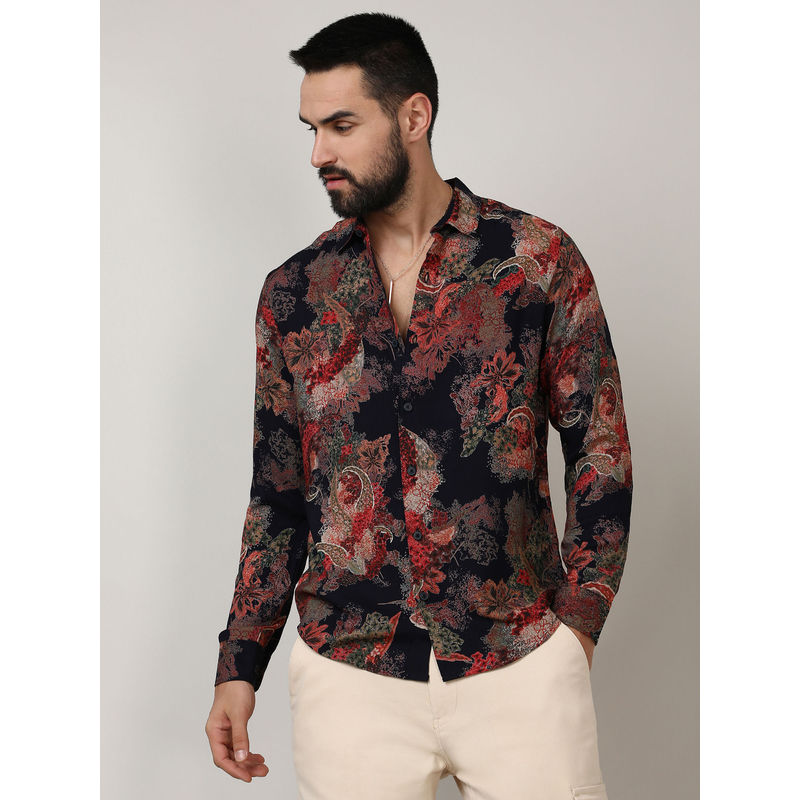 Campus Sutra Mens Crimson Red & Midnight Black Paisley Flora Shirt (L)