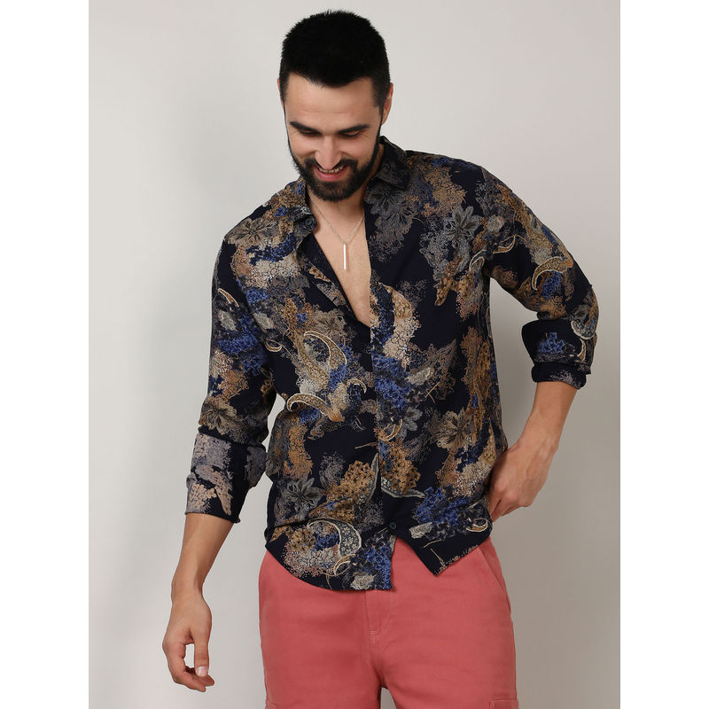 Campus Sutra Mens Royal Blue & Midnight Black Paisley Flora Shirt (L)
