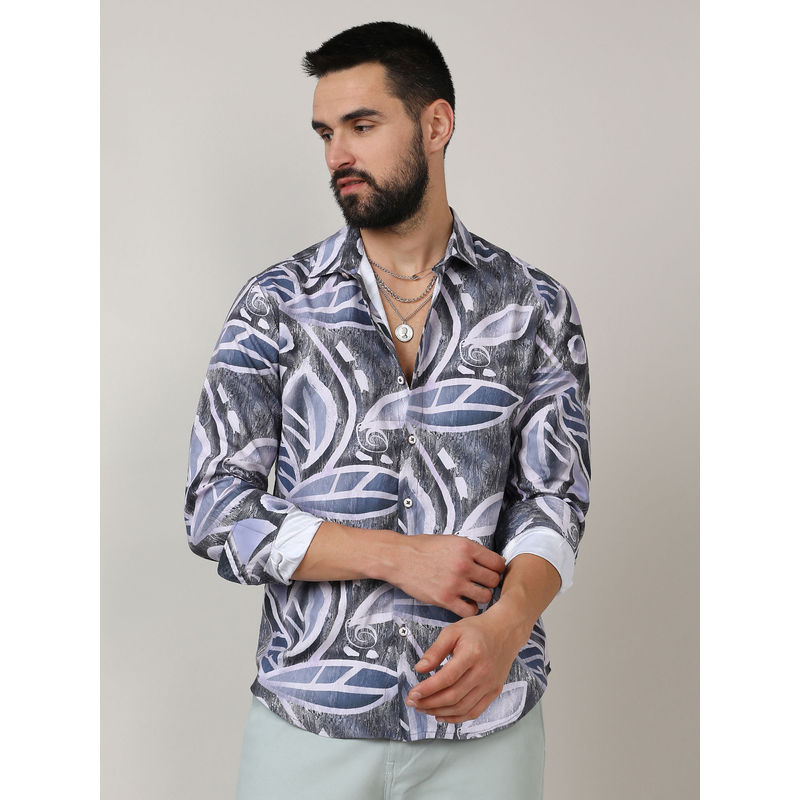 Campus Sutra Mens Charcoal Grey & Prussian Blue Marble Foliage Shirt (S)