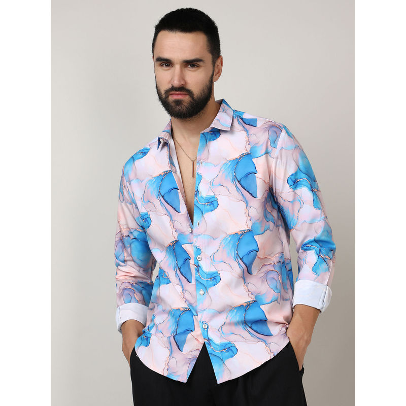 Campus Sutra Mens Sky Blue & Pink Marble Shirt (M)