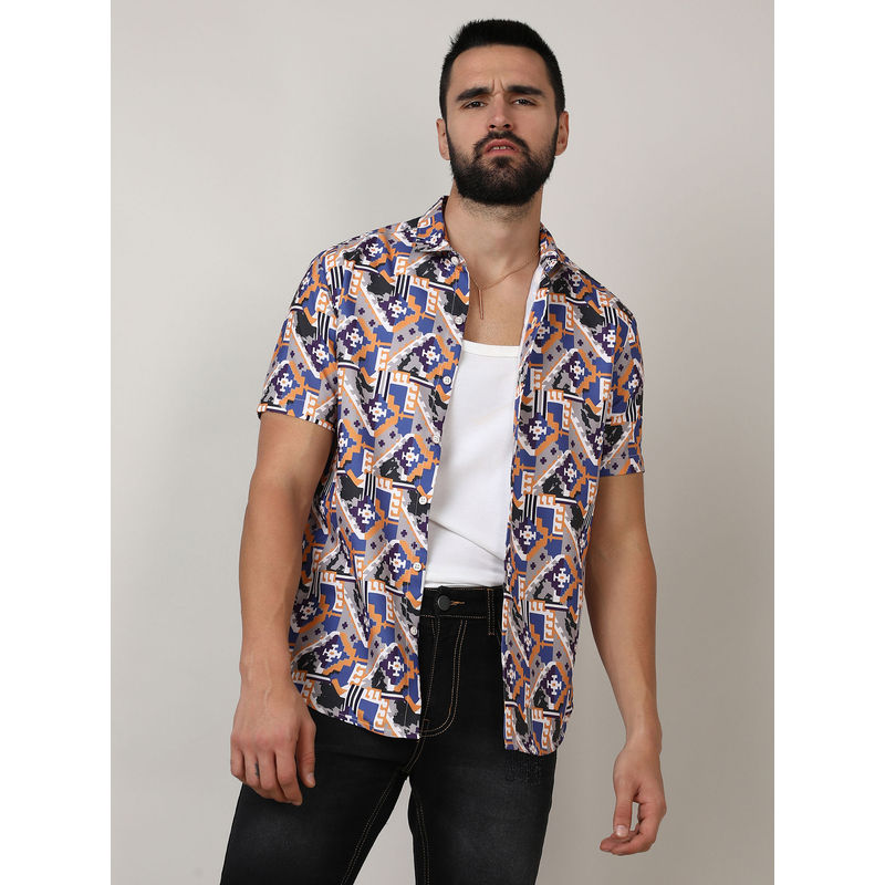 Campus Sutra Mens Sienna Brown & Indigo Blue Bohemian Shirt (S)