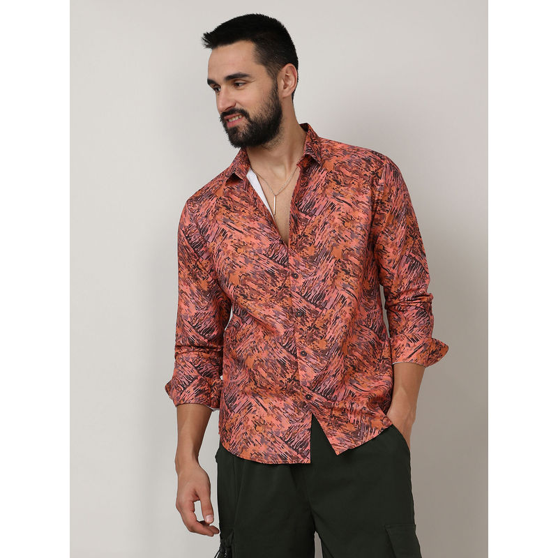 Campus Sutra Mens Sienna Orange Animal Print Shirt (S)