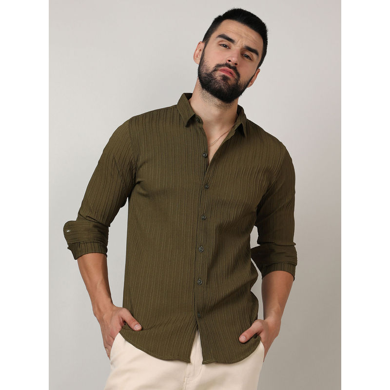 Campus Sutra Mens Olive Green Self-Design Striped Shirt (S)