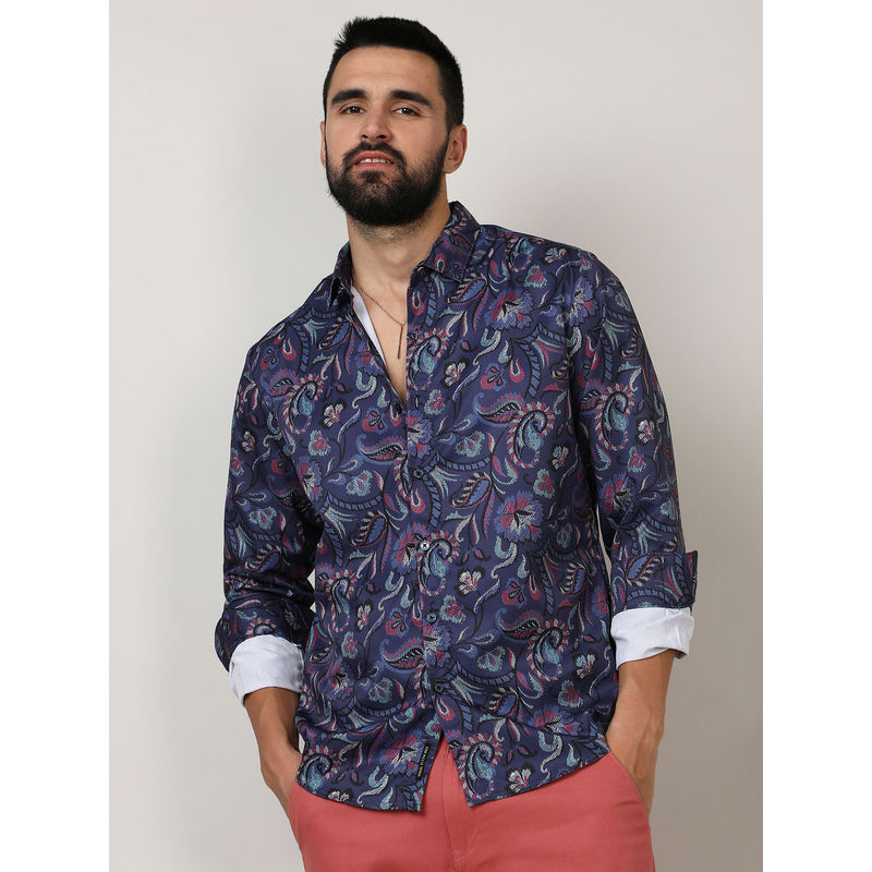 Campus Sutra Mens Navy Blue Paisley Shirt (XL)