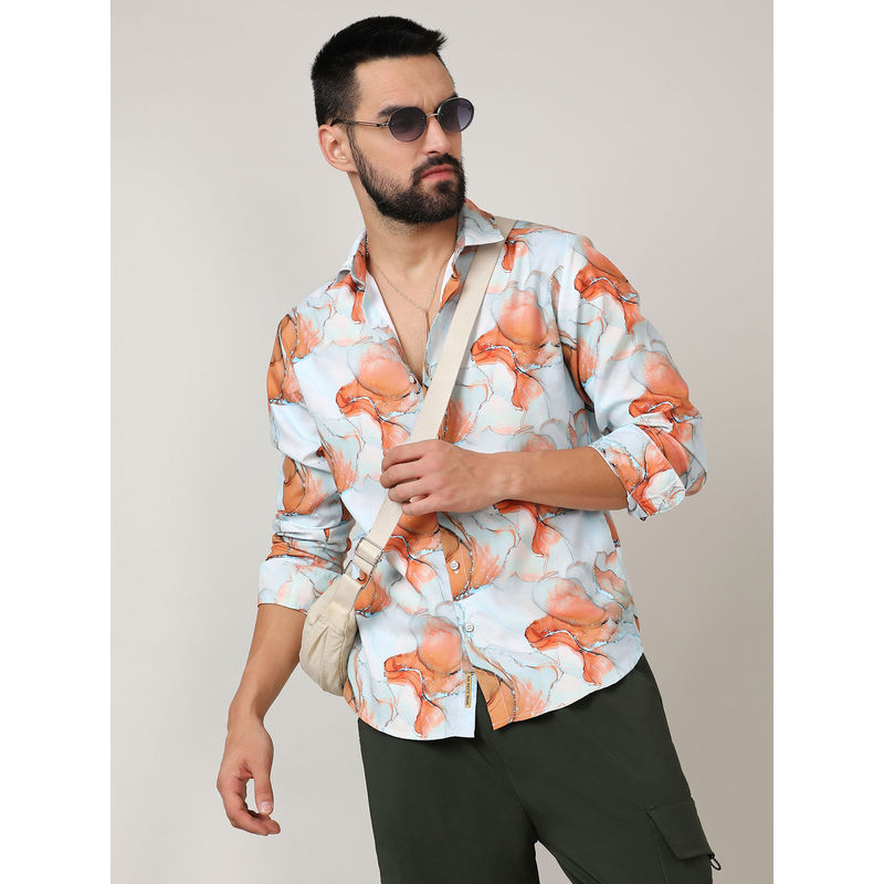 Campus Sutra Mens Sienna Orange & Light Blue Marble Shirt (XL)
