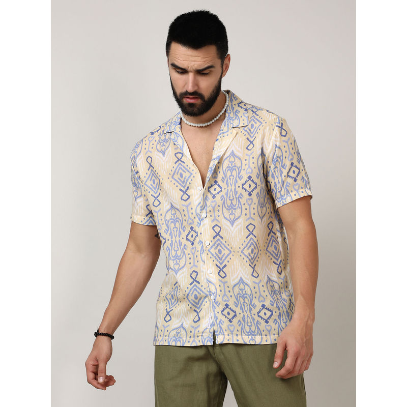 Campus Sutra Mens Pale Yellow & Powder Blue Ethnic Shirt (XL)