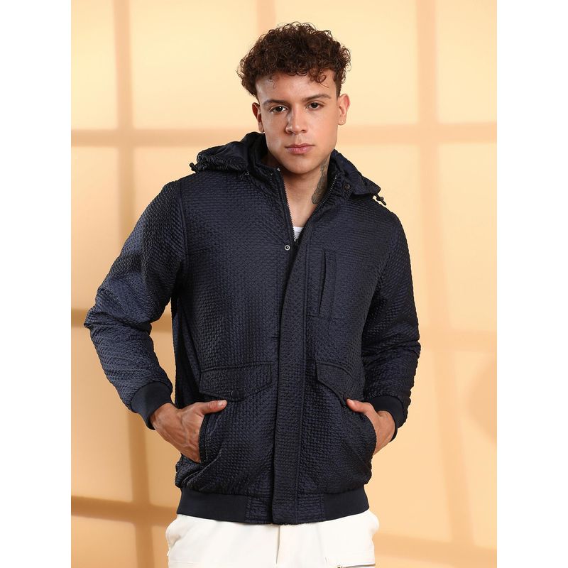 Campus Sutra Men'S Navy Blue Self-Design Diamond Puffer Jacket (S)