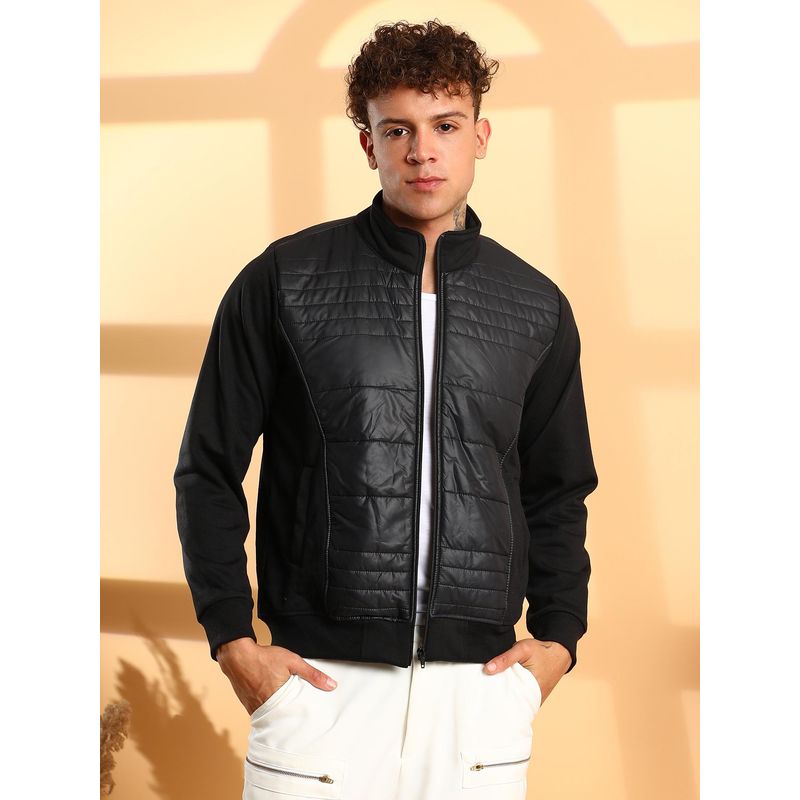 Campus Sutra Men'S Black Quilted Detail Zip-Front Jacket (S)