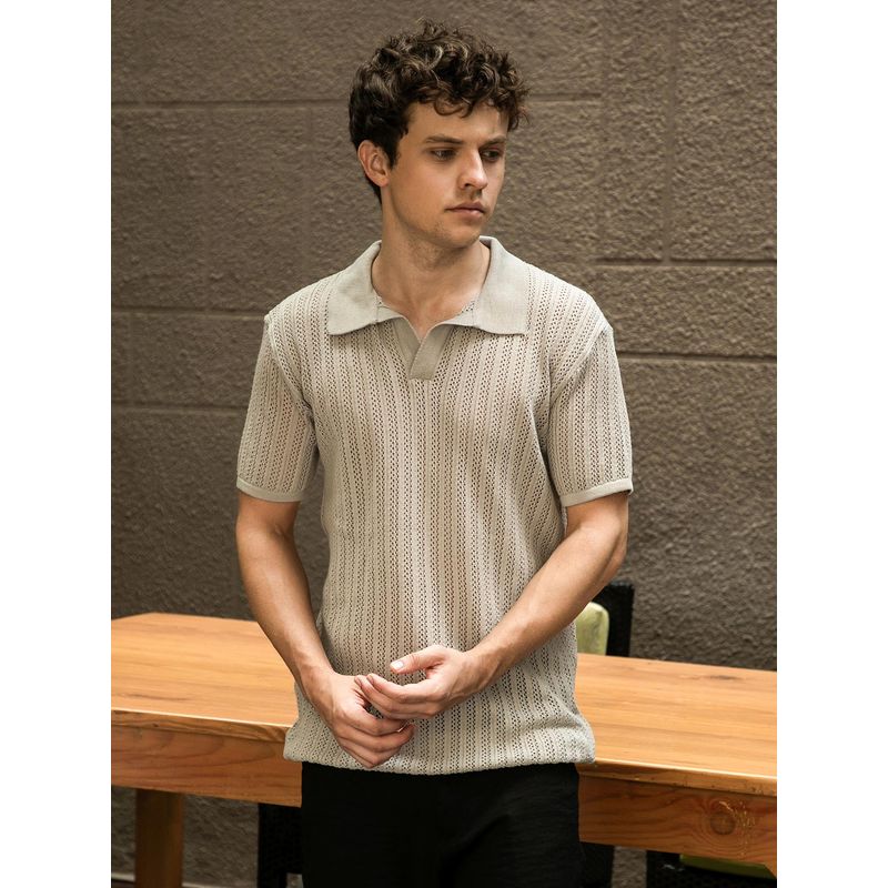 Campus Sutra Grey Self Design Polo T-Shirt (L)