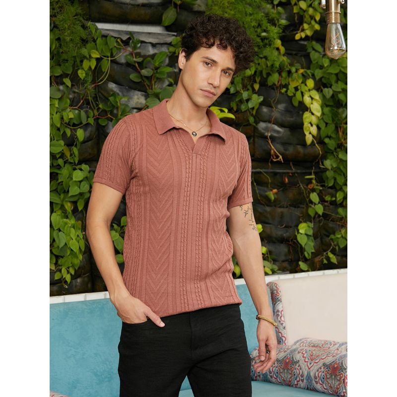 Campus Sutra Brown Self Design Polo T-Shirt (L)
