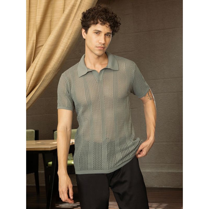 Campus Sutra Grey Self Design Polo T-Shirt (L)