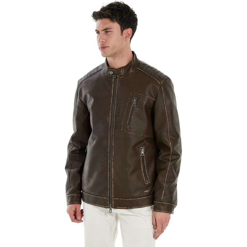 Guess Brown Polyurethane Solid Biker Jacket (S)