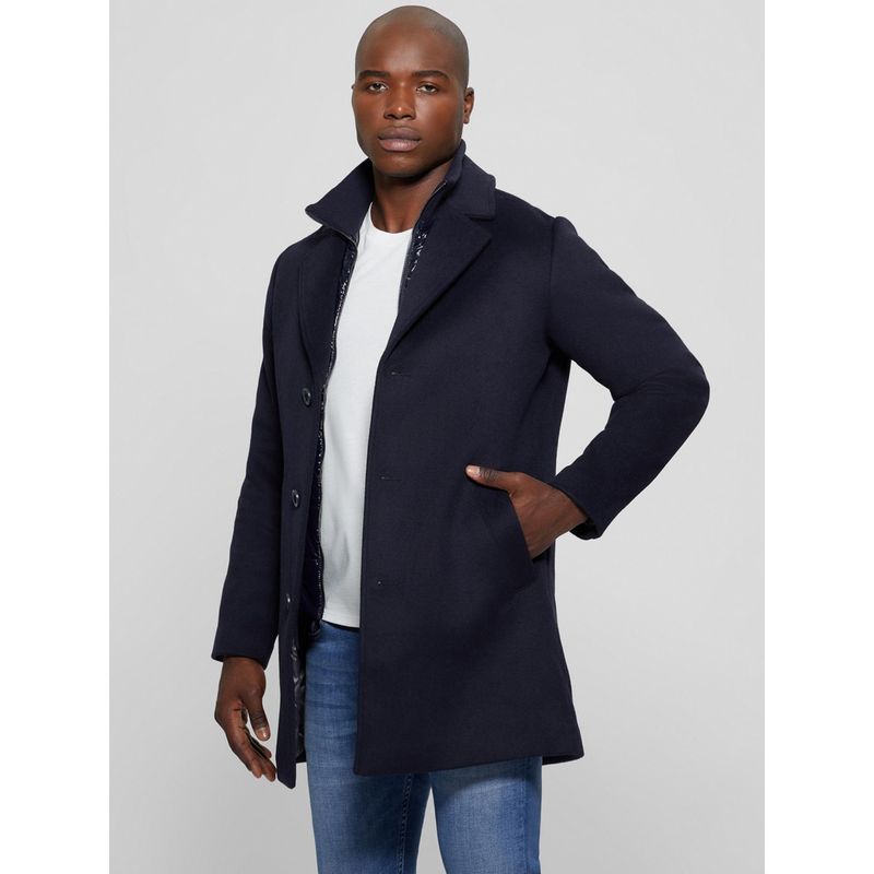 Guess Navy Blue Polyester Blend Solid Notch Lapel Coat (M)