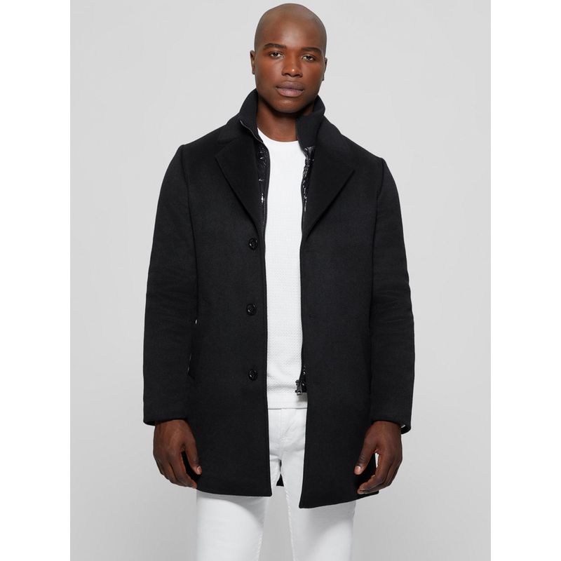 Guess Black Polyester Blend Solid Notch Lapel Coat (S)