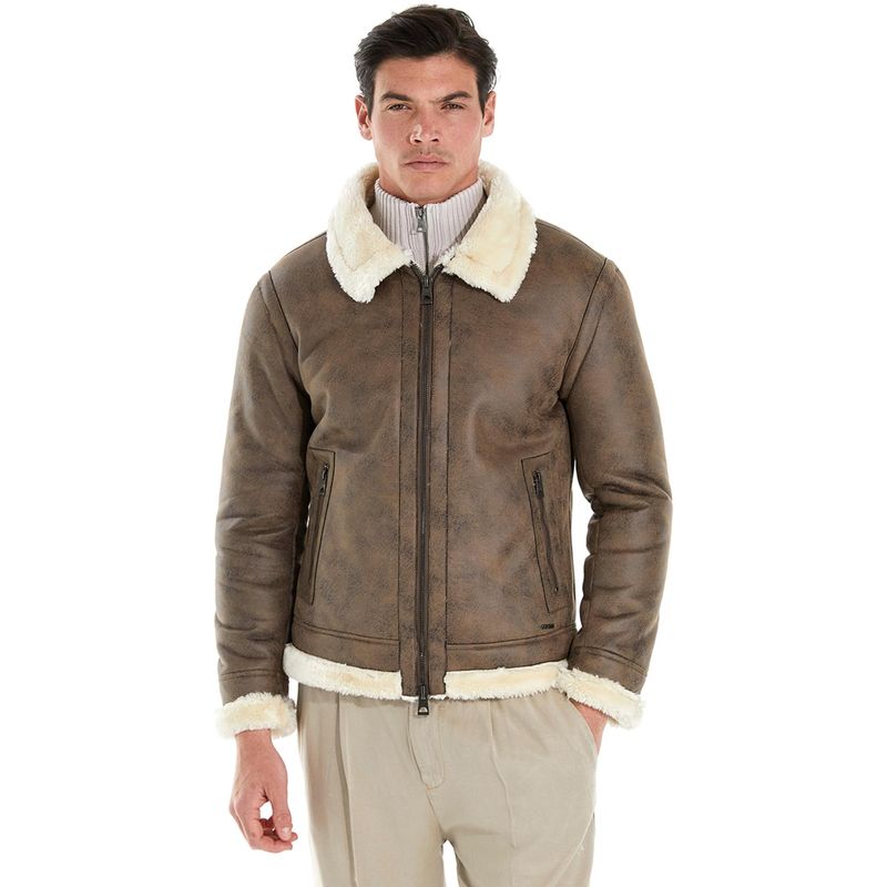 Guess Brown Polyurethane Solid Shearling Aviator Jacket (S)
