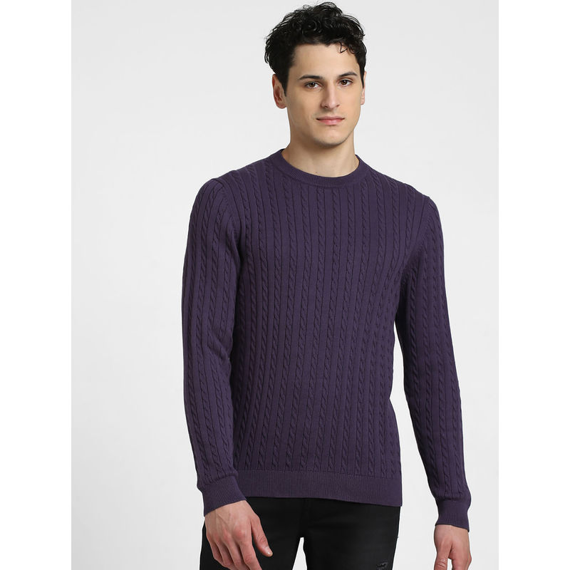 Jack & Jones Men Self Design Purple Sweater (XL)