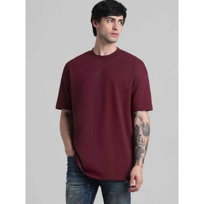 Jack & Jones Maroon Drop Shoulder Boxy Fit Non Stretch T-Shirts (L)