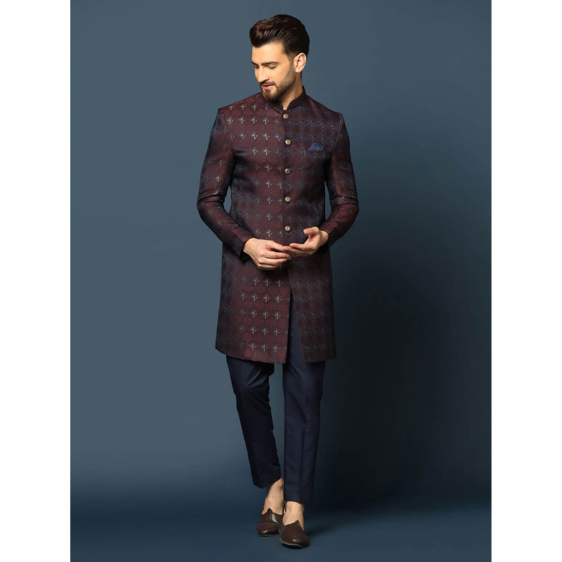 KISAH Men Purple Textured Silk Blend Jacquard Indowestern Sherwani Trouser Set with Zari Design (40)