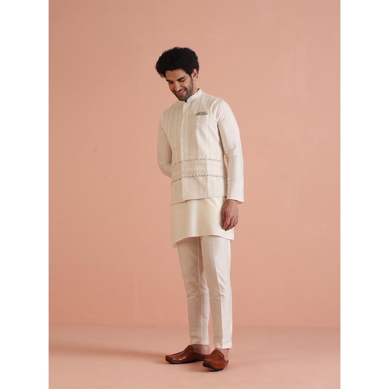 KISAH Men Beige Printed Kurta Jacket Trouser (Set of 3) (42)