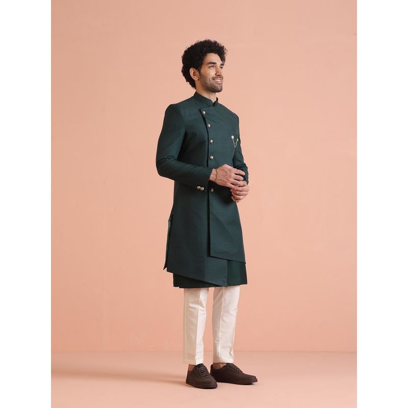 KISAH Men Green Solid Dyed Kurta Indowestern Sherwani Trouser (Set of 3) (40)