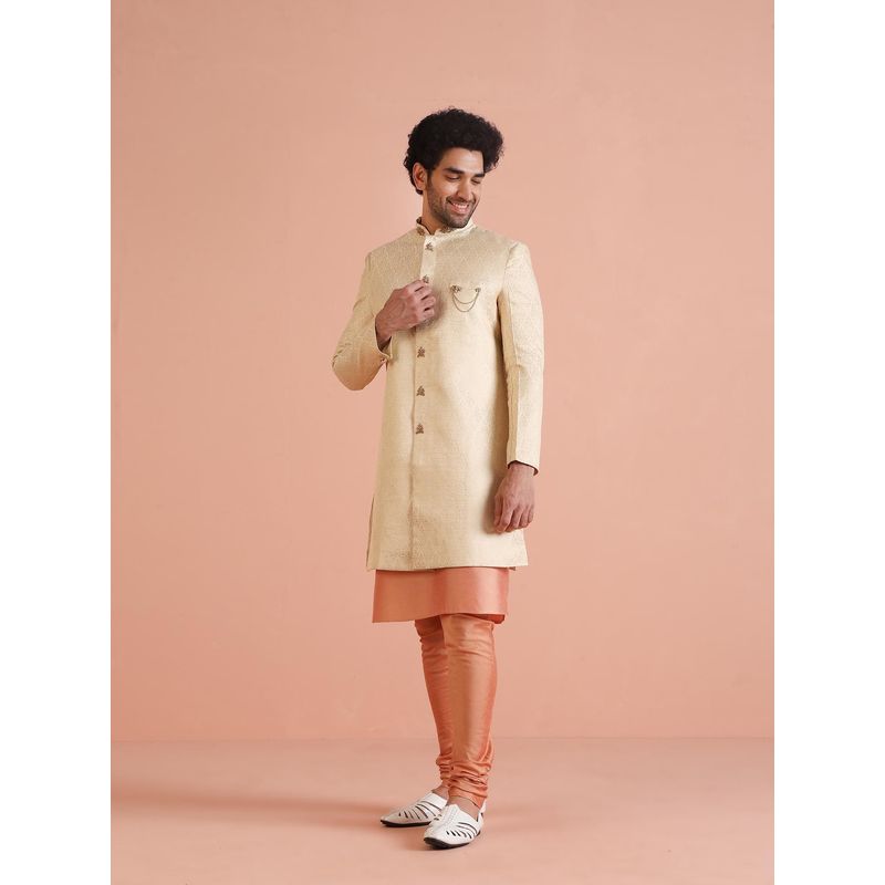 KISAH Set Kurta Indowestern Uomo – Oliva, Misto Seta, Maniche Lunghe, Lunghezza Ginocchio, Taglia Small - 2