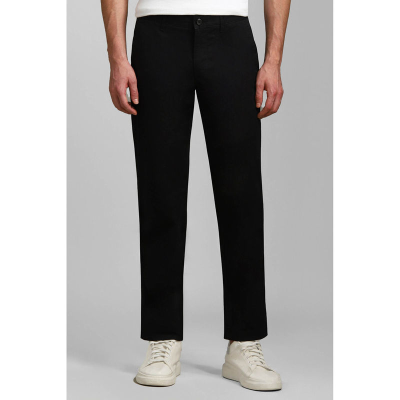 Louis Philippe Men Black Slim Tapered Fit Solid Flat Front Casual Trousers (32)