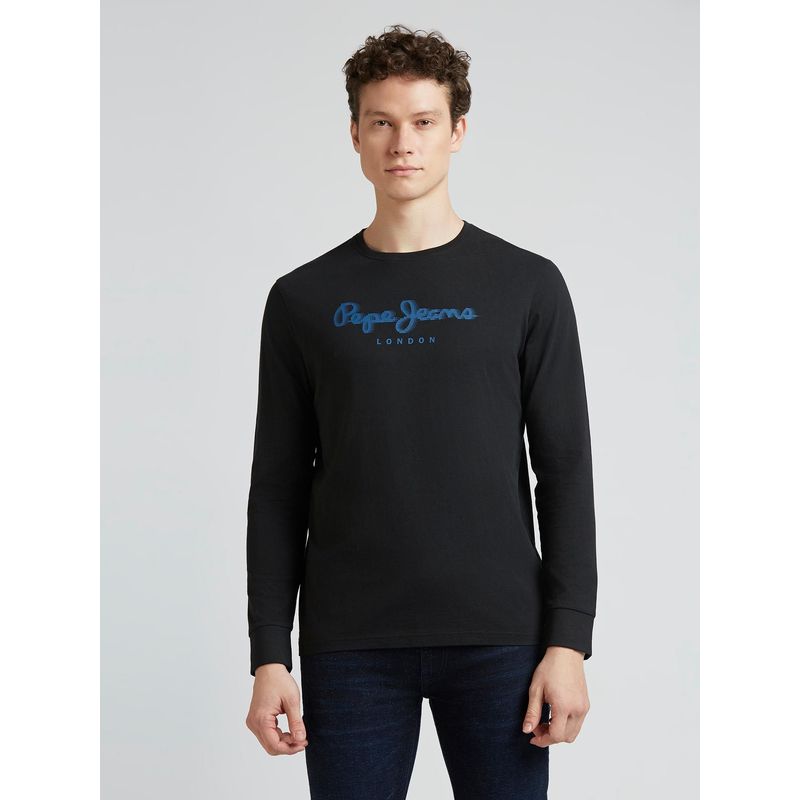 Pepe Jeans Black Solid Crew Neck Full Sleeves T-Shirt (M)