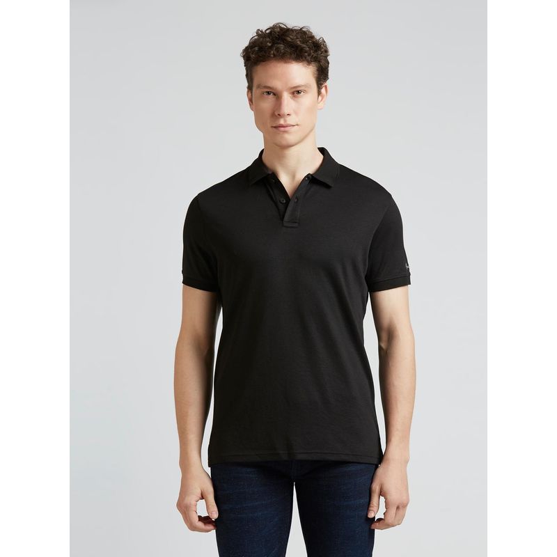 Pepe Jeans Black Solid Ribbed Polo Collar Short Sleeves T-Shirt (XL)