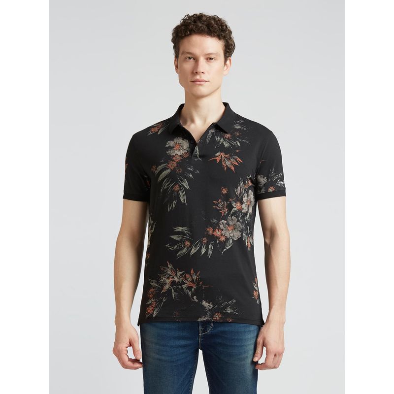 Pepe Jeans Black Floral Print Polo Collar Short Sleeves T-Shirt (S)