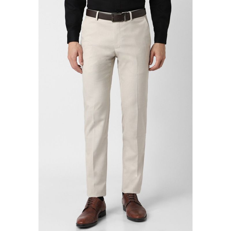 Peter England Men Beige Textured Slim Fit Trousers (32)