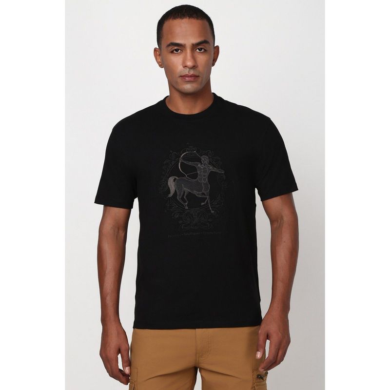 Peter England Men Black Embroidered Round Crew Neck Round Neck T-Shirt (M)