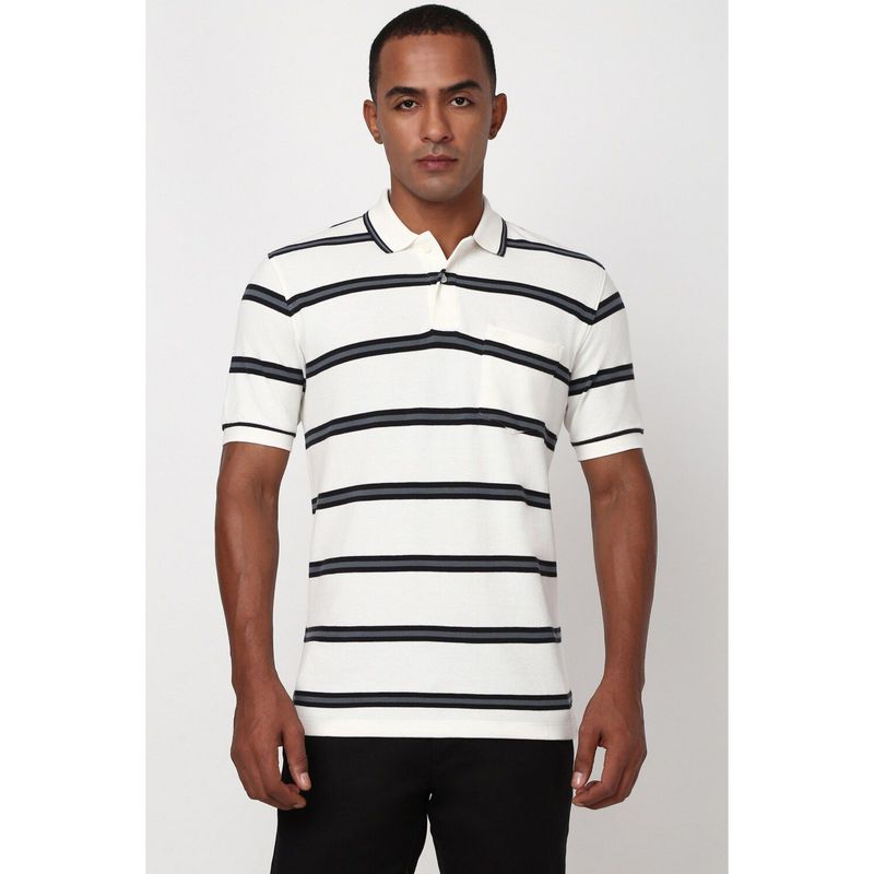 Peter England Men White Stripes Polo Neck Polo T-Shirt (L)