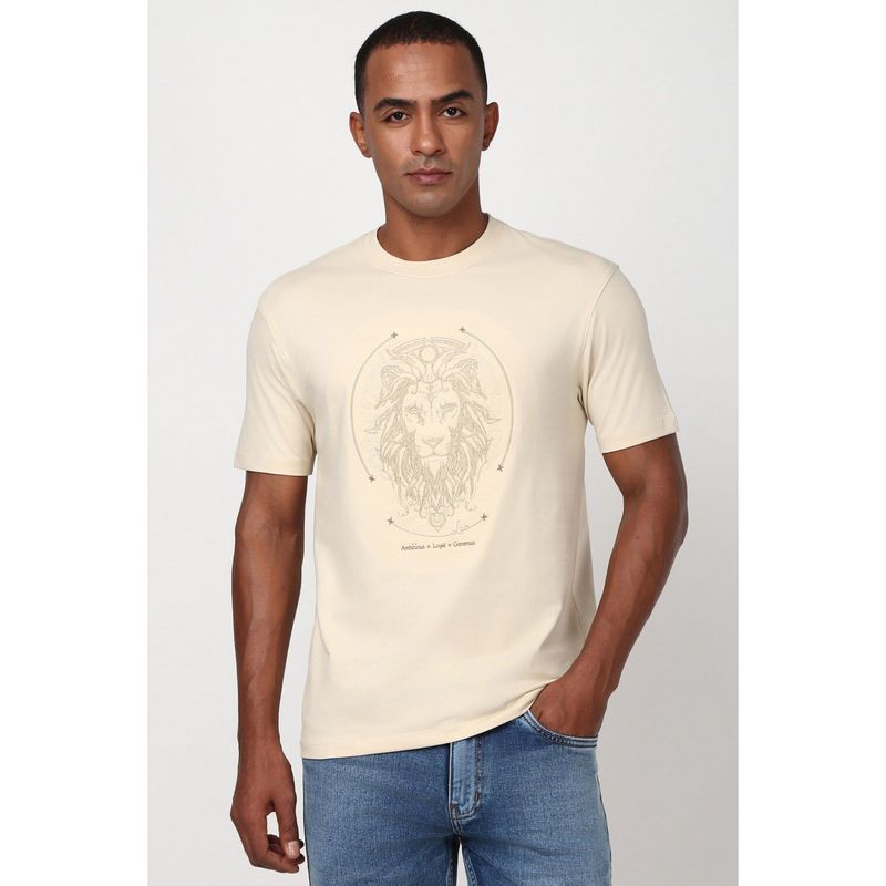 Peter England Men Beige Embroidered Round Crew Neck Round Neck T-Shirt (M)