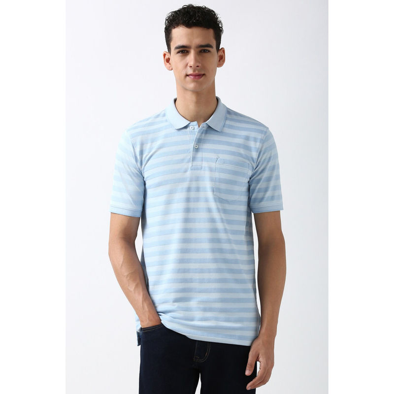 Peter England Men Blue Stripe Polo Neck Polo T-Shirt (L)