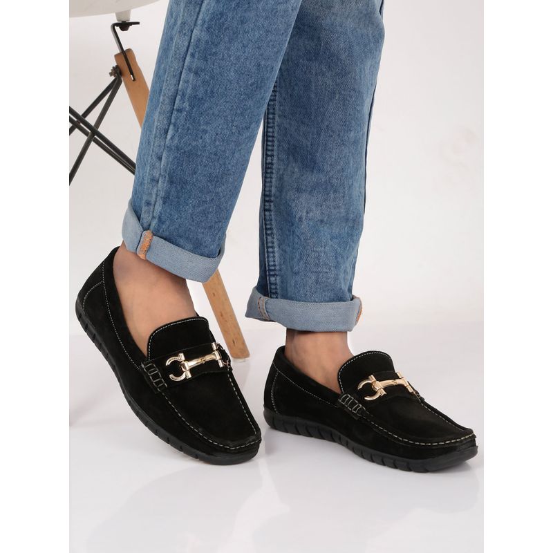 Teakwood Men Black Suede Leather Loafers with Golden Buckle (EURO 40)