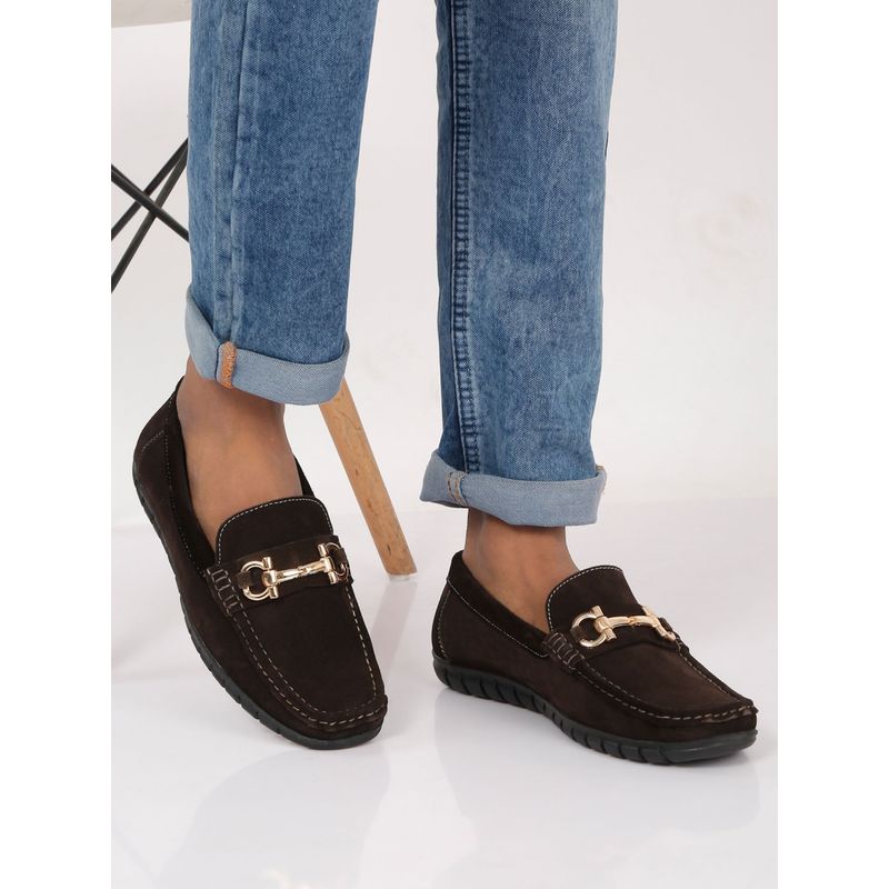 Teakwood Men Brown Suede Leather Loafers with Golden Buckle (EURO 40)