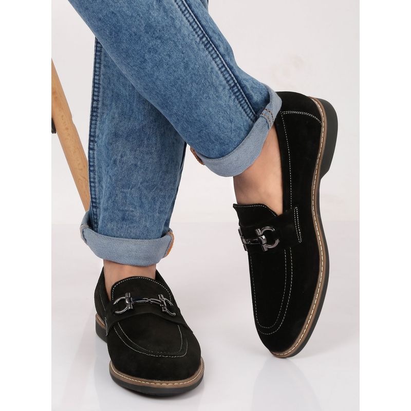 Teakwood Men Black Suede Leather Loafers with Antique Silver Buckle (EURO 43)