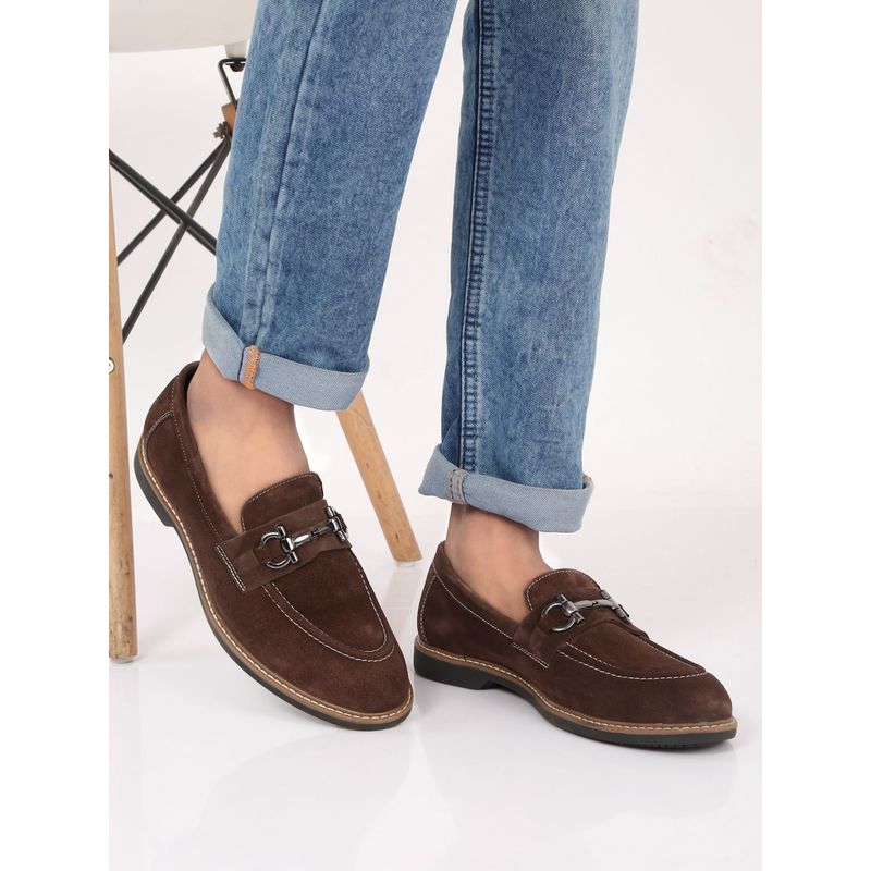 Teakwood Men Brown Suede Leather Loafers with Antique Silver Buckle (EURO 42)