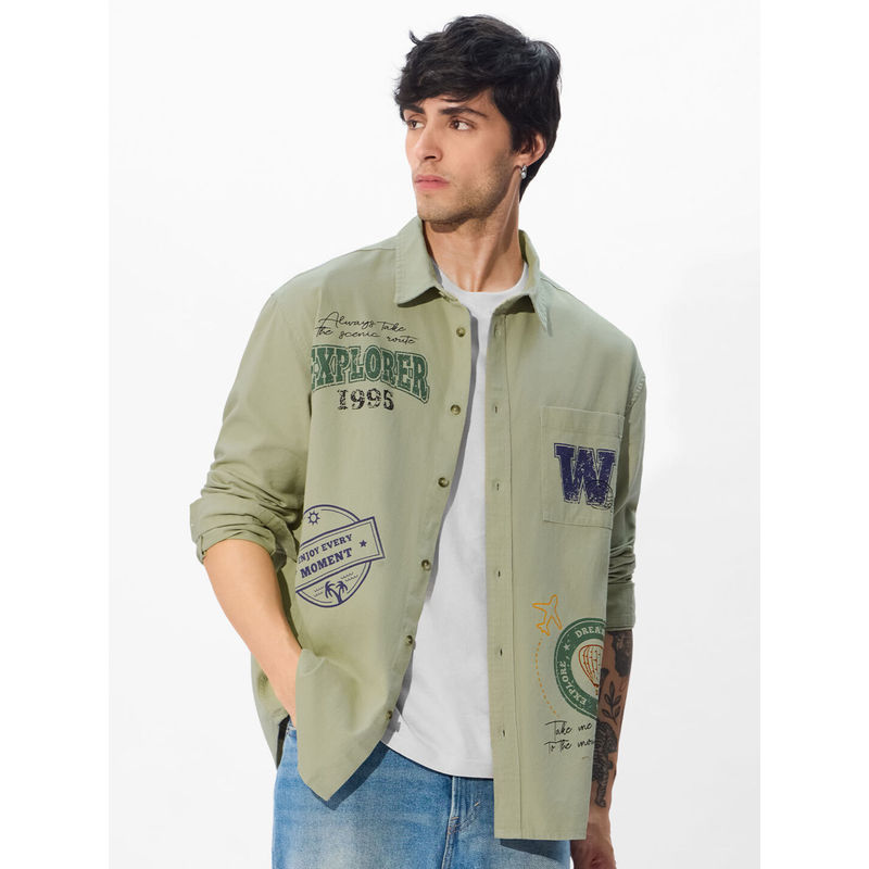 The Souled Store Originals Travel Stamps Men Relaxed Olive Shirt (M)