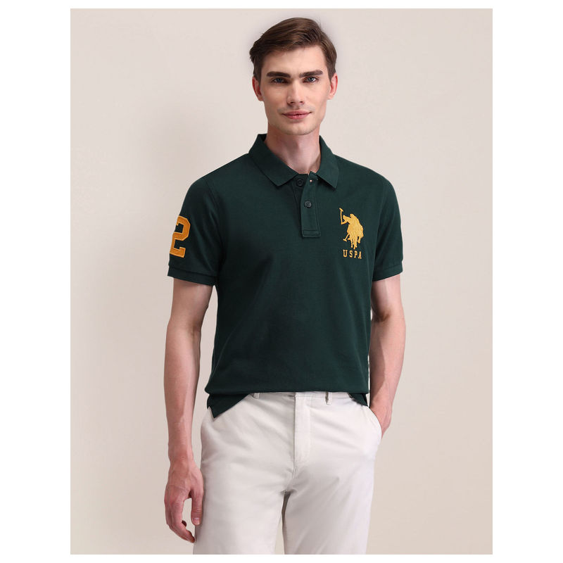 U.S. POLO ASSN. Green Half Sleeves Solid Polo T-Shirt (M)