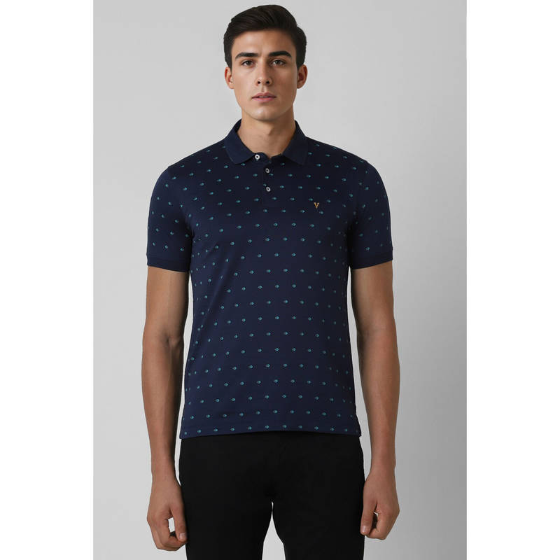 Van Heusen Men Navy Print Polo Neck T-Shirt (XL)