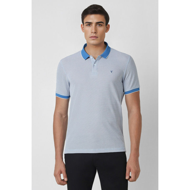 Van Heusen Men Blue Print Polo Neck T-Shirt (M)